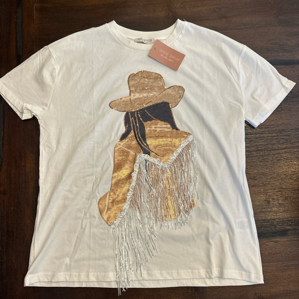 Western Sparkle Sparkly Fringe Cowgirl Graphic Tee - White with Gold & Silver